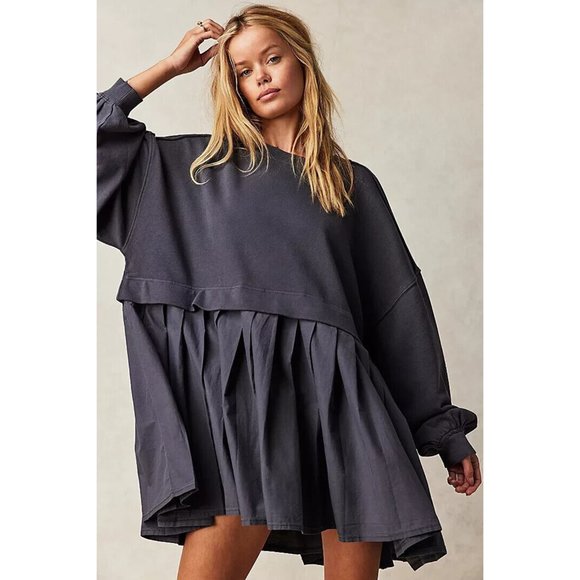 Free People Eleanor Sweatshirt Tunic Dress Oversized Pleated Solid L NWT 275713